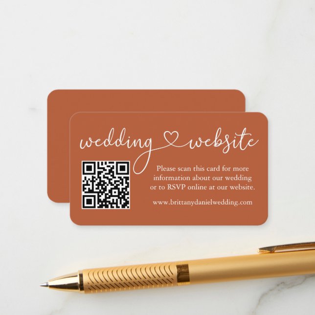 Calligraphy Heart Wedding Website QR Terracotta Enclosure Card (Front/Back In Situ)