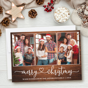 Calligraphy Heart Wood 3 Photo Merry Christmas Holiday Card