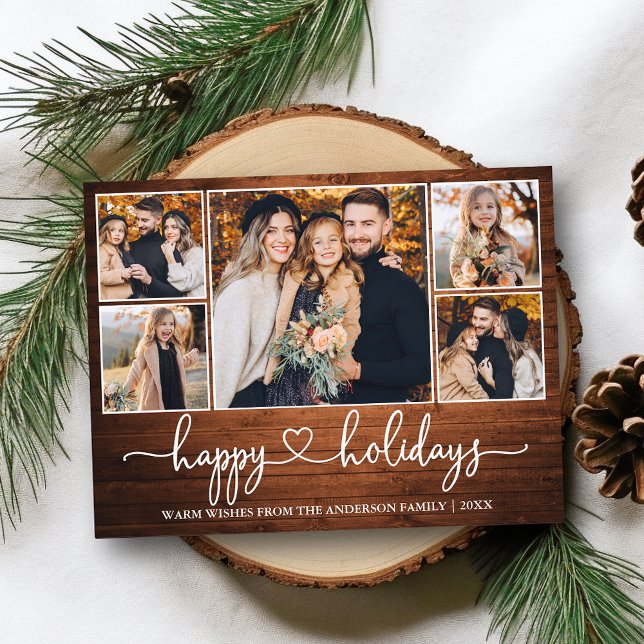 Calligraphy Heart Wood Happy Holidays 5 Photo Postcard (Customize to change your personalized text size or text style.)