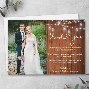 Calligraphy Heart Wood Jar Lights Wedding Thank You Card