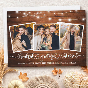 Calligraphy Heart Wood Lights Thankful 3 Photo Holiday Card