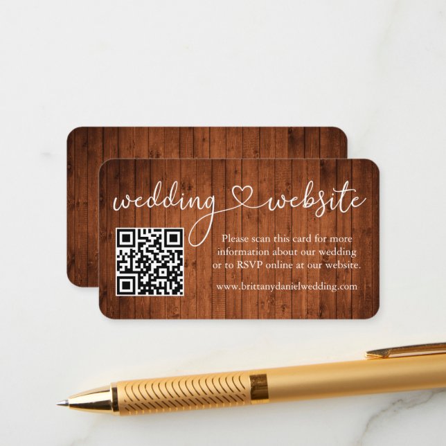Calligraphy Heart Wood Wedding Website QR Enclosure Card (Front/Back In Situ)
