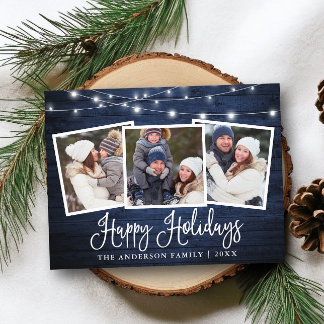 Calligraphy Holiday Blue Wood String Lights Photo Postcard (Customize to change your personalized text size or text style.)