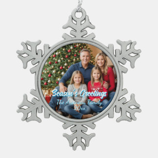 Calligraphy Holiday Family Photo Blue Personalise Snowflake Pewter Christmas Ornament