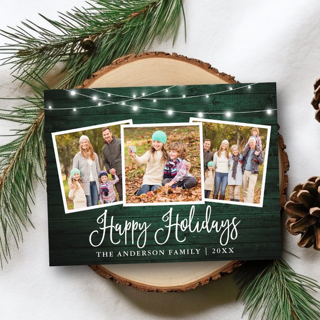 Calligraphy Holiday Green Wood String Lights Photo Postcard (Customize to change your personalized text size or text style.)