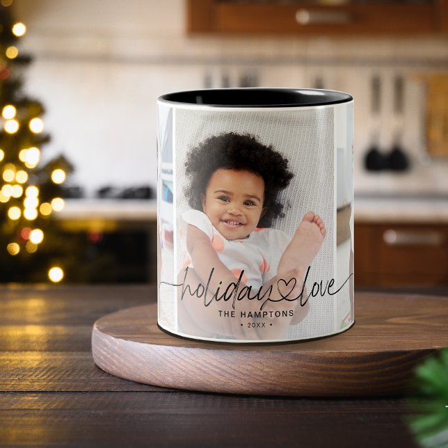 Calligraphy Holiday Love 3 Photos Two-Tone Coffee Mug (Calligraphy Holiday Love 3 Photos Two-Tone Coffee Mug)