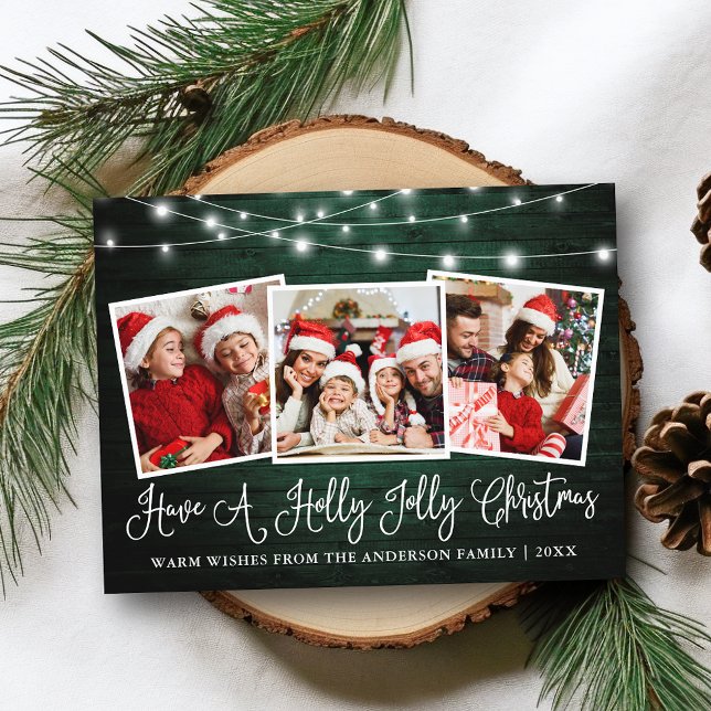 Calligraphy Holly Jolly Christmas Green Wood Postcard (Customize to change your personalized text size or text style.)