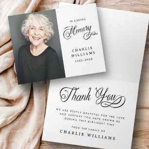 Calligraphy in loving memory funeral black photo thank you card