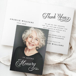 Calligraphy in loving memory funeral photo thank you card