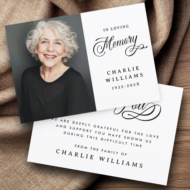 Calligraphy in loving memory funeral white photo thank you card (Calligraphy in loving memory funeral white photo thank you card)