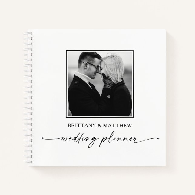Calligraphy Ink Black White Photo Wedding Planner Notebook (Front)