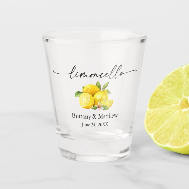 Calligraphy Ink Limoncello Watercolor Lemons  Shot Glass (Front)