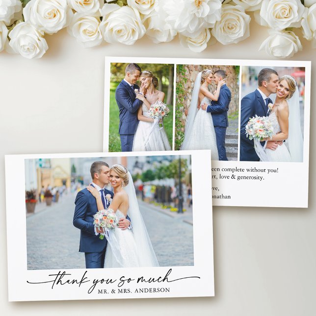 Calligraphy Ink Pen Love 4 Photo Wedding Thank You Card (Customize to change your personalized text size or text style.)