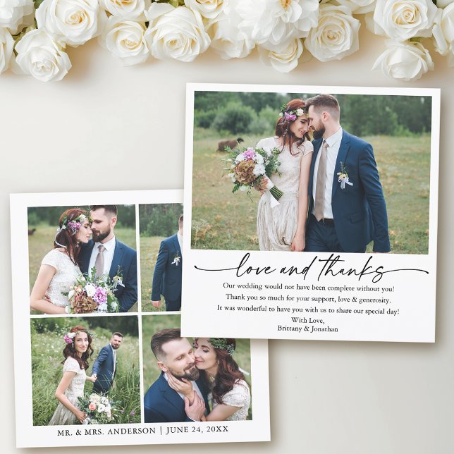 Calligraphy Ink Pen Love Wedding 5 Photos Square Thank You Card (Customize to change your personalized text size or text style.)