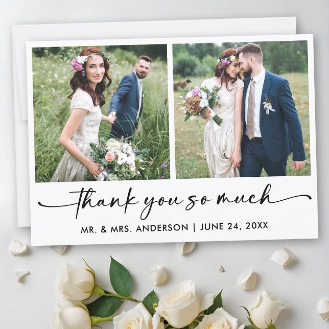 Calligraphy Ink Pen Script 2 Photo Wedding Thank You Card (Customize to add text to back of card.)