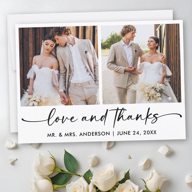 Calligraphy Ink Pen Script 2 Photos Wedding Thank You Card (Customize to add text to back of card.)