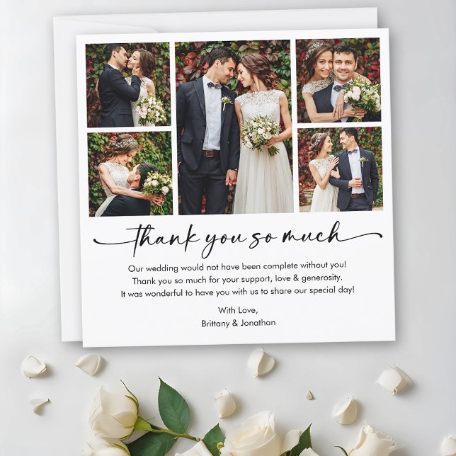 Calligraphy Ink Pen Script 5 Photos Wedding Square Thank You Card (Customize to add more text or photos to back of card.)