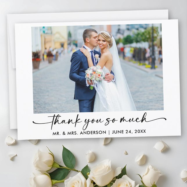 Calligraphy Ink Pen Script Photo Wedding Thank You Card (Customize to add text to back of card.)