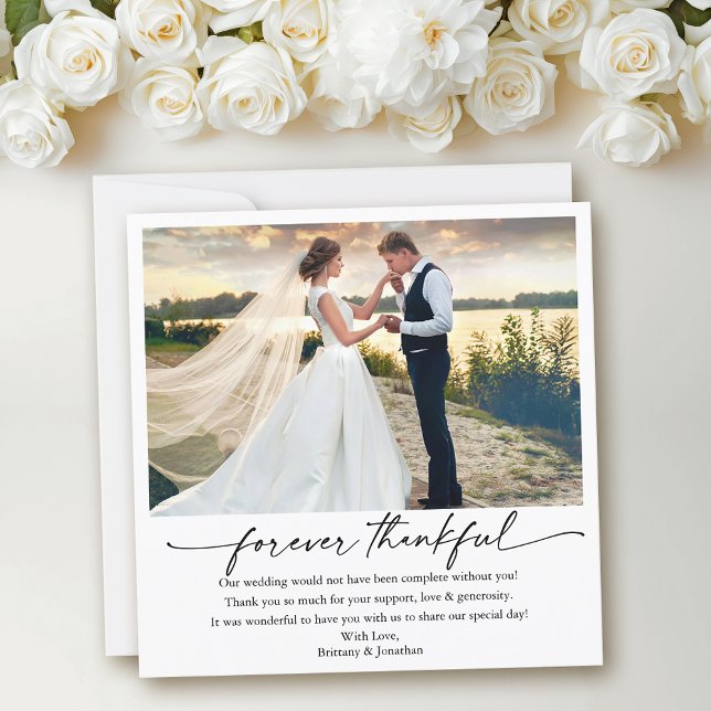 Calligraphy Ink Pen Thankful Wedding Photo Square Thank You Card (Customize to add more text or photos to back of card.)