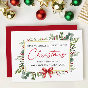 Calligraphy Ink Pen Watercolor Greenery Red Bow Holiday Card