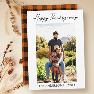 Calligraphy Ink Photo Thanksgiving Orange Plaid Holiday Card