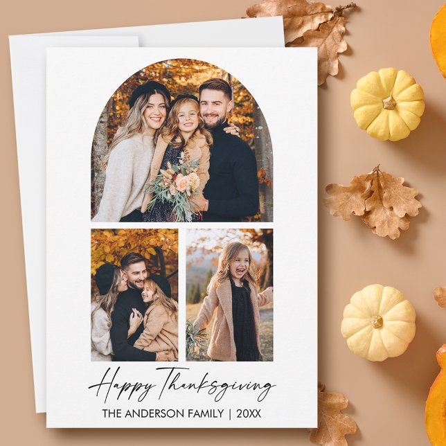 Calligraphy Ink Script 3 Photo Arch Thanksgiving Holiday Card (Customize to change your personalized text size or text style.)
