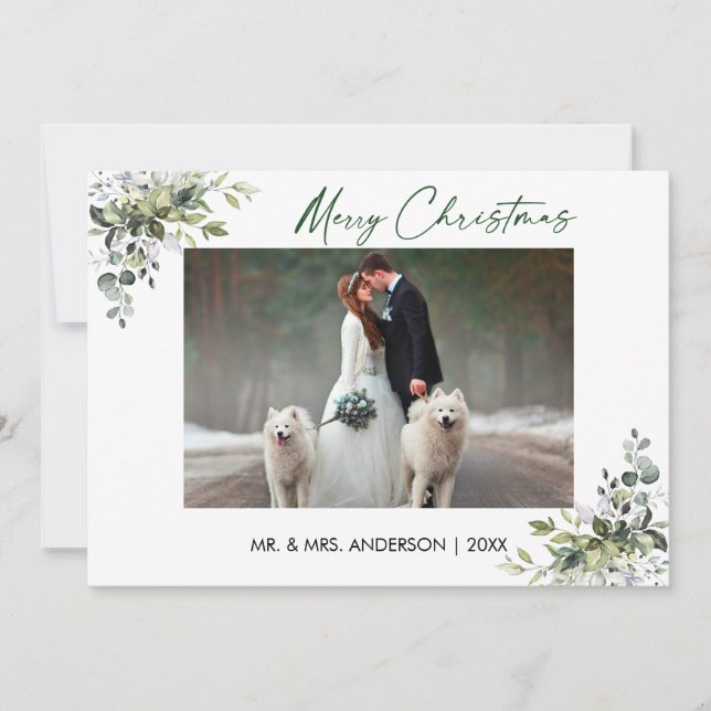 Calligraphy Ink Script Christmas Greenery Couple Holiday Card (Front)