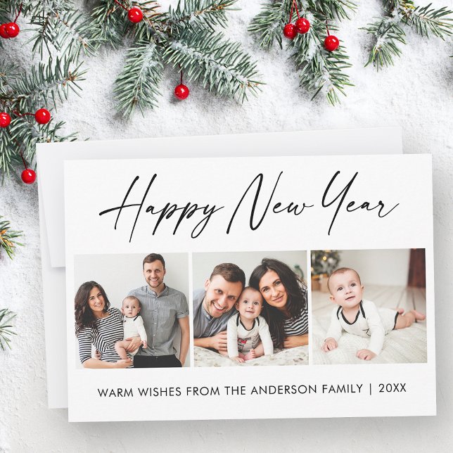 Calligraphy Ink Script Family 3 Photo New Year Holiday Card (Customize to change your personalized text size or style.)