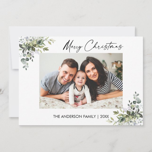 Calligraphy Ink Script Greenery Photo Christmas Holiday Card (Front)