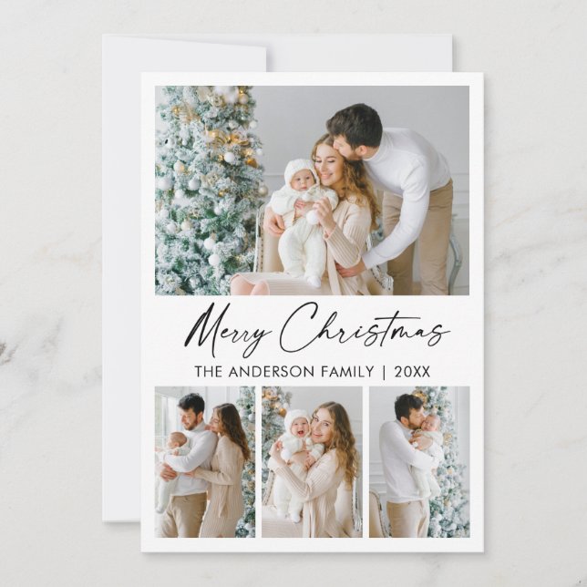 Calligraphy Ink Script Merry Christmas 4 Photo Holiday Card (Front)
