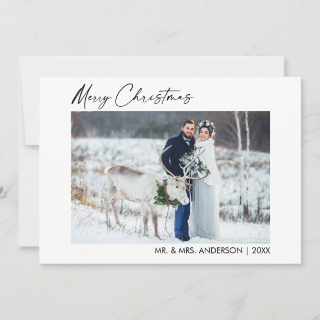 Calligraphy Ink Script Photo Christmas Newlywed Holiday Card (Front)