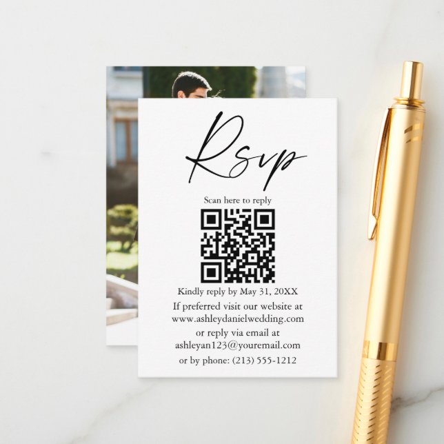 Calligraphy Ink Script Photo Wedding QR RSVP  Enclosure Card (Front/Back In Situ)