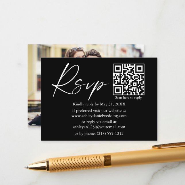 Calligraphy Ink Script QR Photo Wedding Black RSVP Enclosure Card (Front/Back In Situ)