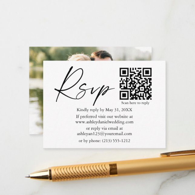 Calligraphy Ink Script QR Photo Wedding RSVP Enclosure Card (Front/Back In Situ)
