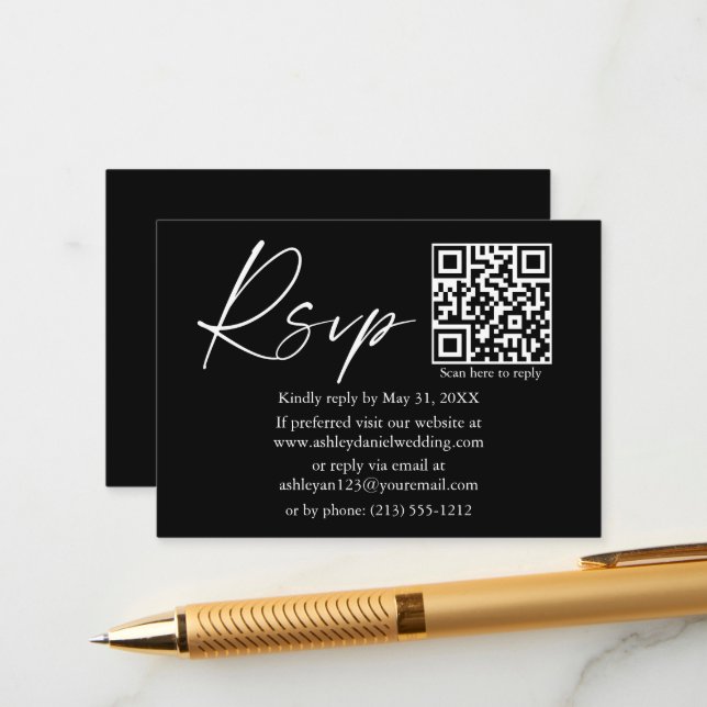 Calligraphy Ink Script QR Wedding Black RSVP Enclosure Card (Front/Back In Situ)