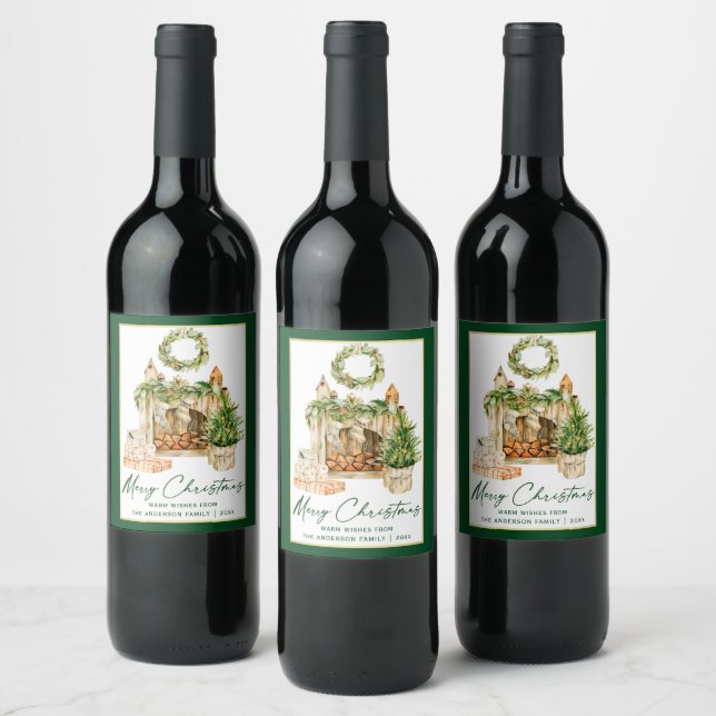 Calligraphy Ink Script Watercolor Christmas Green Wine Label (Bottles)