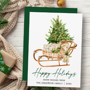 Calligraphy Ink Script Watercolor Sleigh Pine Tree Holiday Card