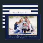 Calligraphy Ink Seas and Greetings Gold Blue Holiday Card<br><div class="desc">Modern Minimalist Elegance Calligraphy Ink Pen Handwritten Script Seas & Greetings Photo Gold Frame Holiday Card - Navy Blue & White Stripes</div>