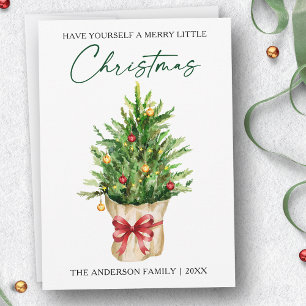 Calligraphy Ink Watercolor Pine Red Bow Christmas Holiday Card