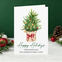 Calligraphy Ink Watercolor Pine Tree Red Bow Fold