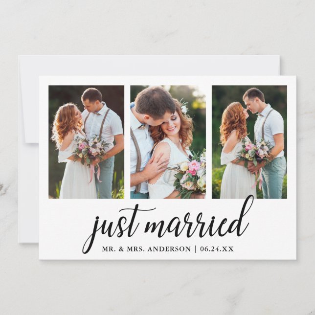 Calligraphy Just Married 3 Photo Card (Front)