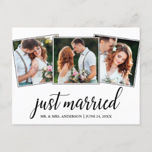 Calligraphy Just Married Wedding 3 Photo Postcard