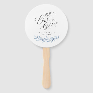 Calligraphy "Let Love Grow" Blue Rustic Greenery Hand Fan