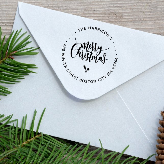 Calligraphy Lettering Merry Christmas Address Rubber Stamp (Calligraphy Lettering Merry Christmas Return Address Rubber Stamp)