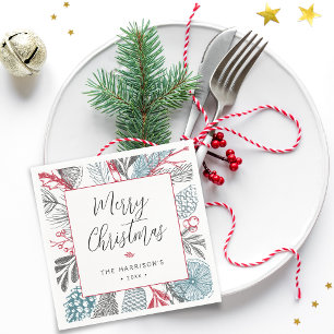 Calligraphy Lettering Merry Christmas Greenery Napkin