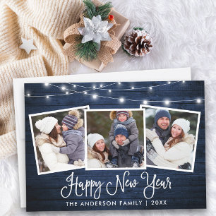 Calligraphy Lights Blue Wood 3 Photo New Year Holiday Card