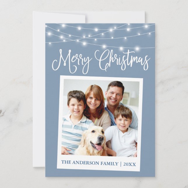 Calligraphy Lights Instant Camera Photo Blue Holiday Card (Front)
