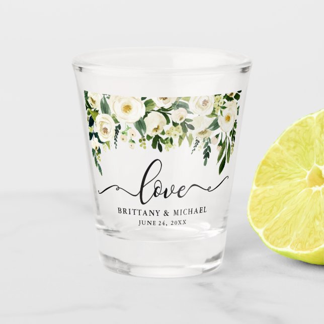 Calligraphy Love Green Floral Wedding Shot Glass (Front)