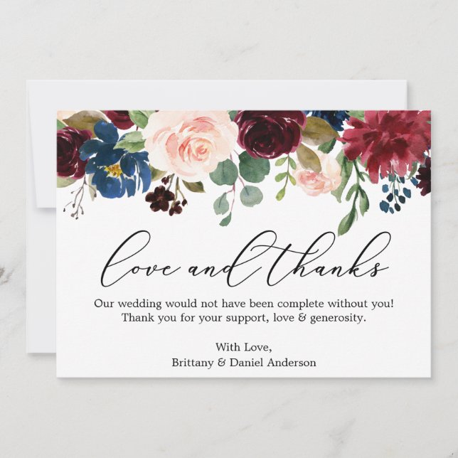 Calligraphy Love Thanks Burgundy Blue Floral Thank You Card (Front)