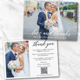 Calligraphy Love Thanks QR Code 2 Photo Wedding Thank You Card